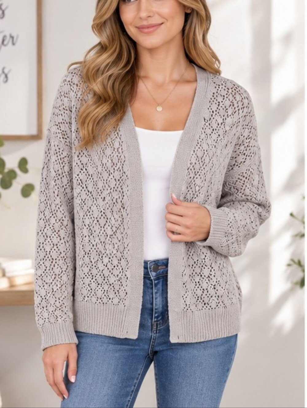 Jessica Simpson Open Front Crochet Knit Cardigan – Size M